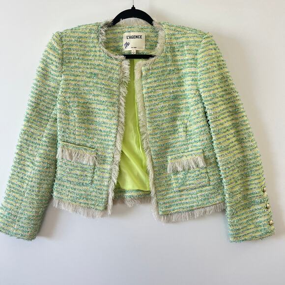 Lagence Green Gold Metallic Fringe Angelina Tweed Blazer Jacket Womens 6